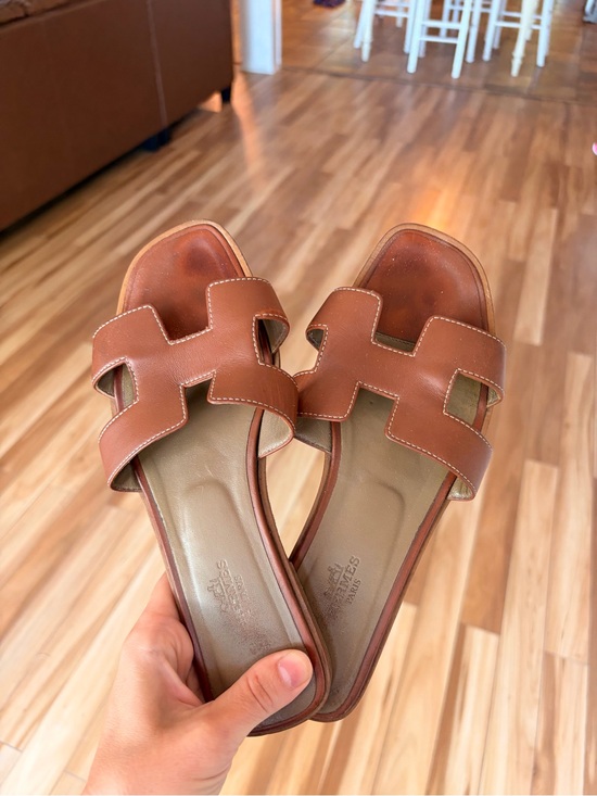 Hermes Shoes - Hermes Brown Leather H Oran Slide Sandals